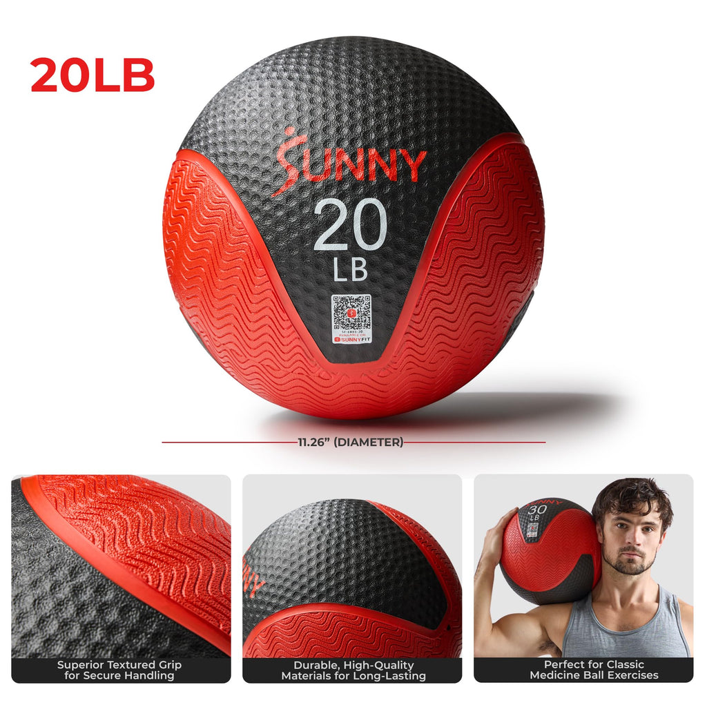Sunny Health & Fitness Medicine Ball, Textured Rubber, Core Strength & Balance Training, Bouncing, Weight for Home Workouts 4,6,8,10,12,15,20,25,30LB Options