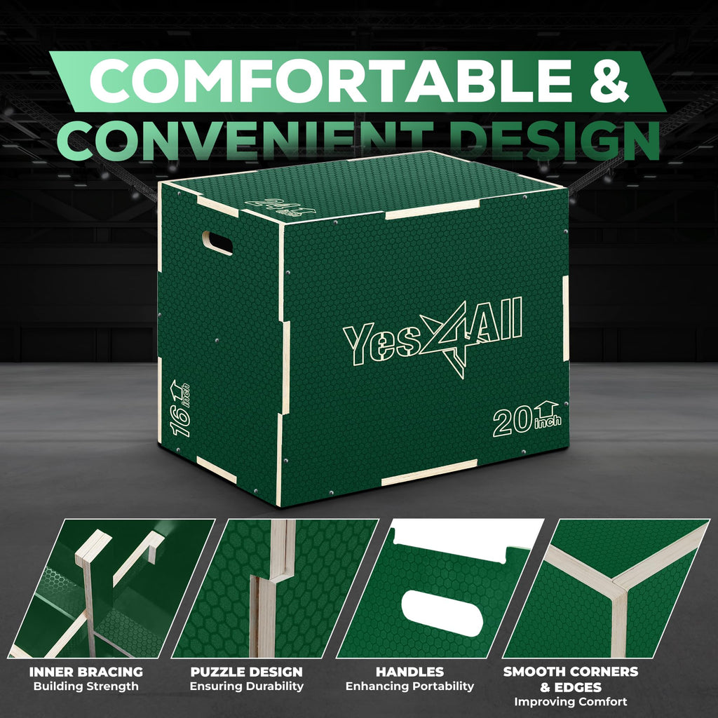 Yes4All 3 in 1 Non-Slip Wooden Plyo Box, Step Up Box for Workout, Plyometric Jump Box for Skipping, Jumping, Lunges, Squats, Dips