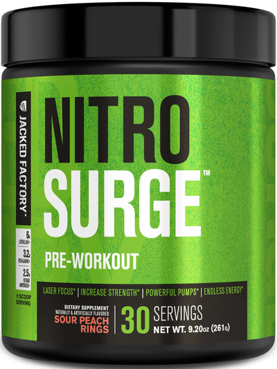 Jacked Factory NITROSURGE Pre Workout Supplement - Endless Energy, Instant Strength Gains, Clear Focus, Intense Pumps - NO Booster & Preworkout Powder with Beta Alanine - 30 Servings, Cherry Limeade