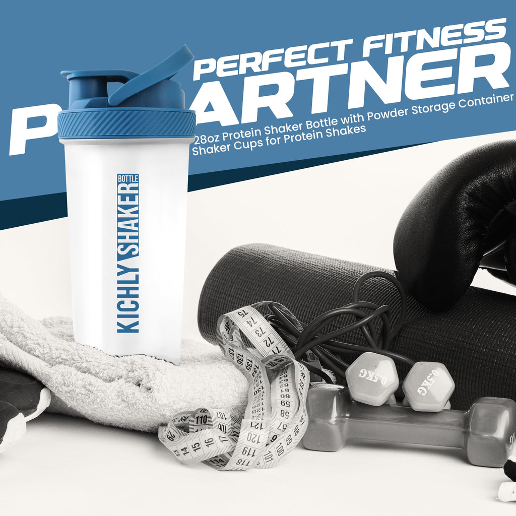 KICHLY Shaker Bottle 1 Pack - 28 Ounce Plastic Protein Shaker Bottle for Pre & Post workout with Twist & Lock Protein Box Storage (Clear/Navy)