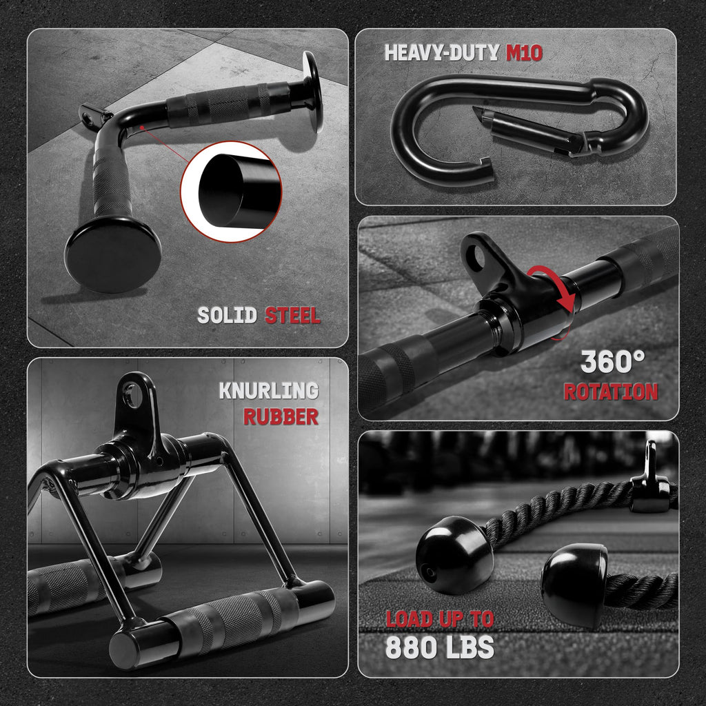 Yes4All Cable Machine Attachment, Row Handles, Tricep Rope, Straight Bar, V Bar, LAT Pulldown Accessories Load 880 LB for Home Gym