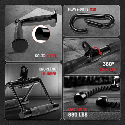 Yes4All Cable Machine Attachment, Row Handles, Tricep Rope, Straight Bar, V Bar, LAT Pulldown Accessories Load 880 LB for Home Gym