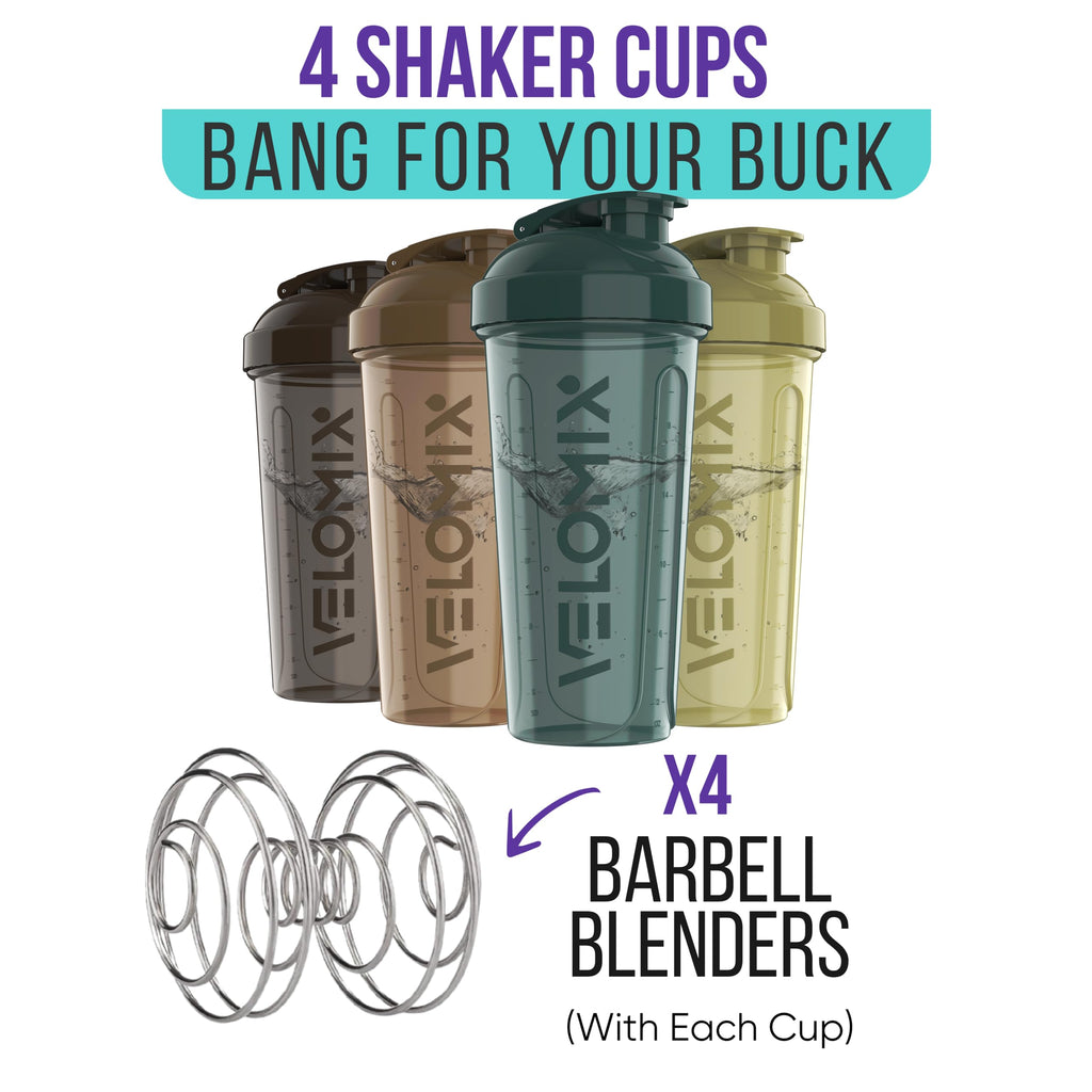VELOMIX -4 PACK- 28 oz Protein Shaker Bottle for Protein Mixes - 4x Wire Whisk | Leak Proof Shaker Cups for Protein Shakes | Protein Shaker Bottle Pack | Protein Shake Cup (Brown)