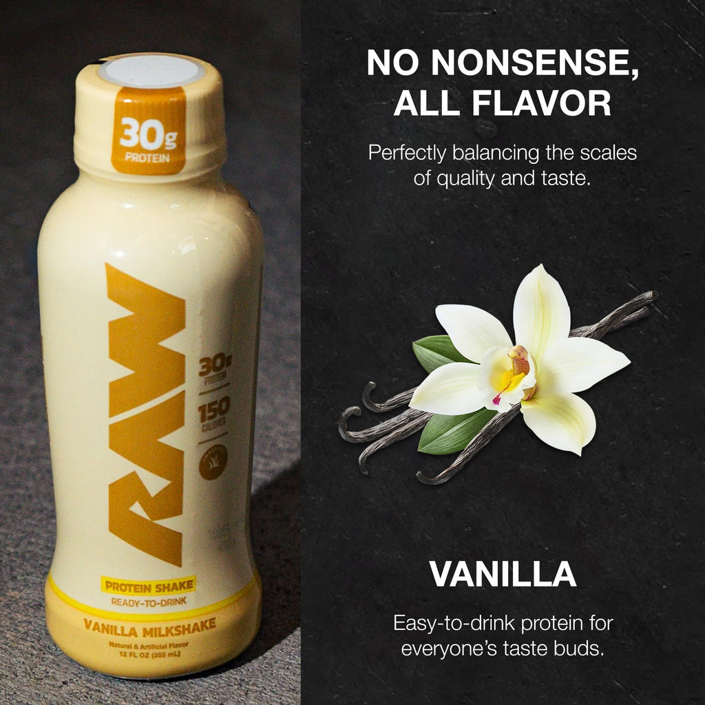 RAW Ready-to-Drink Protein Shake, Vanilla - RTD Protein Drinks with Grass-Fed Whey Protein Isolate for Post-Workout - Zero-Sugar & Gluten-Free Meal Replacement Drink & Breakfast Shake, 12 Fl Oz