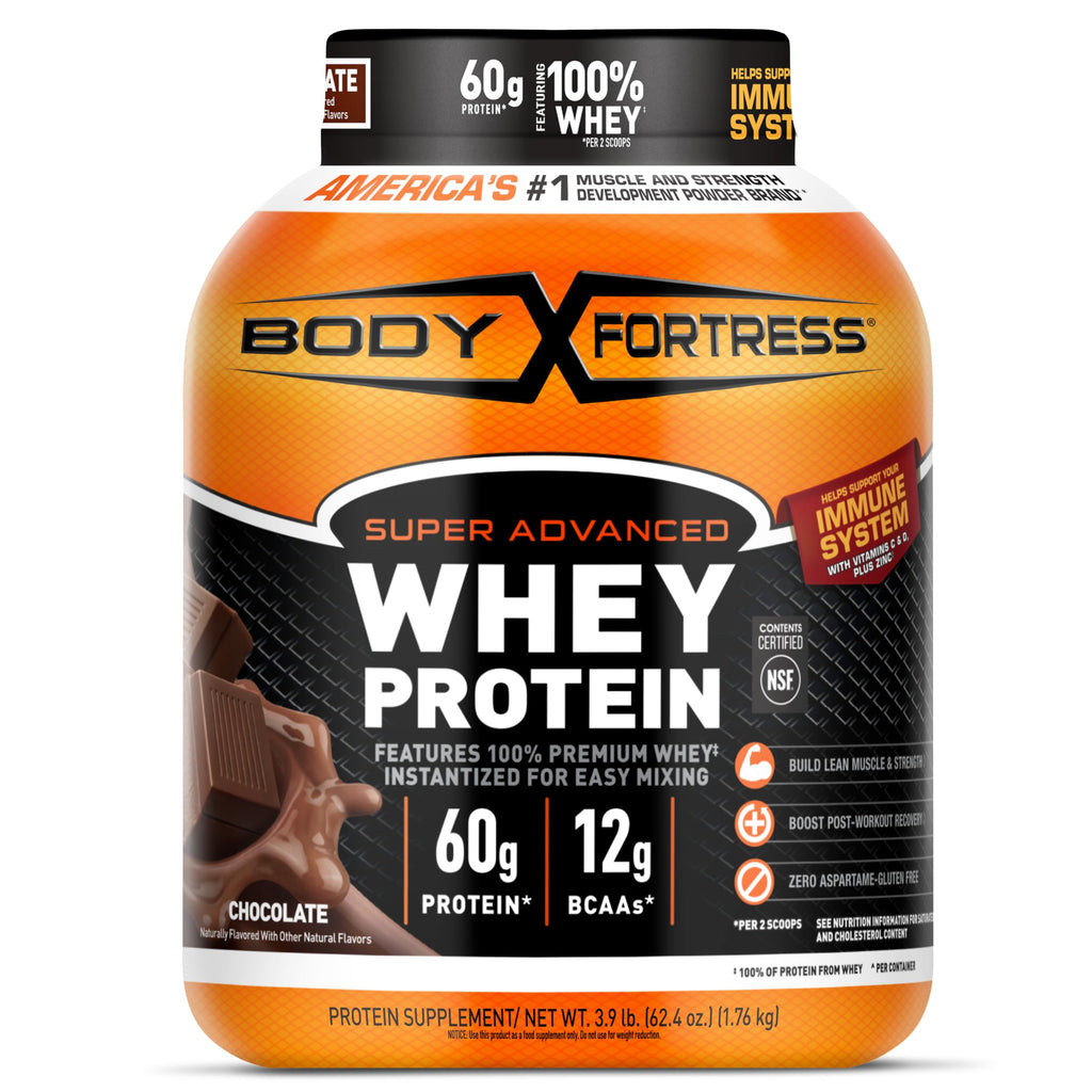 Body Fortress Super Advanced Whey Protein Powder, Strawberry, Immune Support (1), Vitamins C & D Plus Zinc, 1.78 lbs