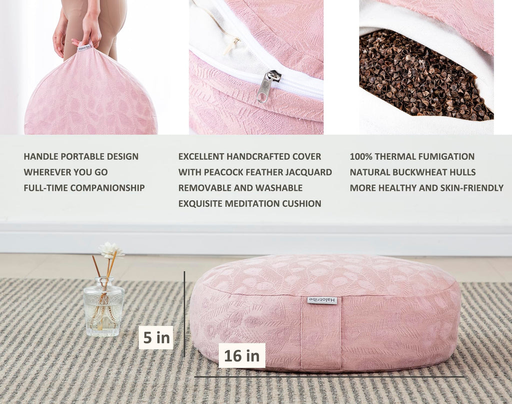 Meditation Cushion, Comfortable Meditation Pillow with Peacock Feather Jacquard Cover. Buckwheat Hull Filled Zafu Floor Pillow 16 * 16 * 5 in