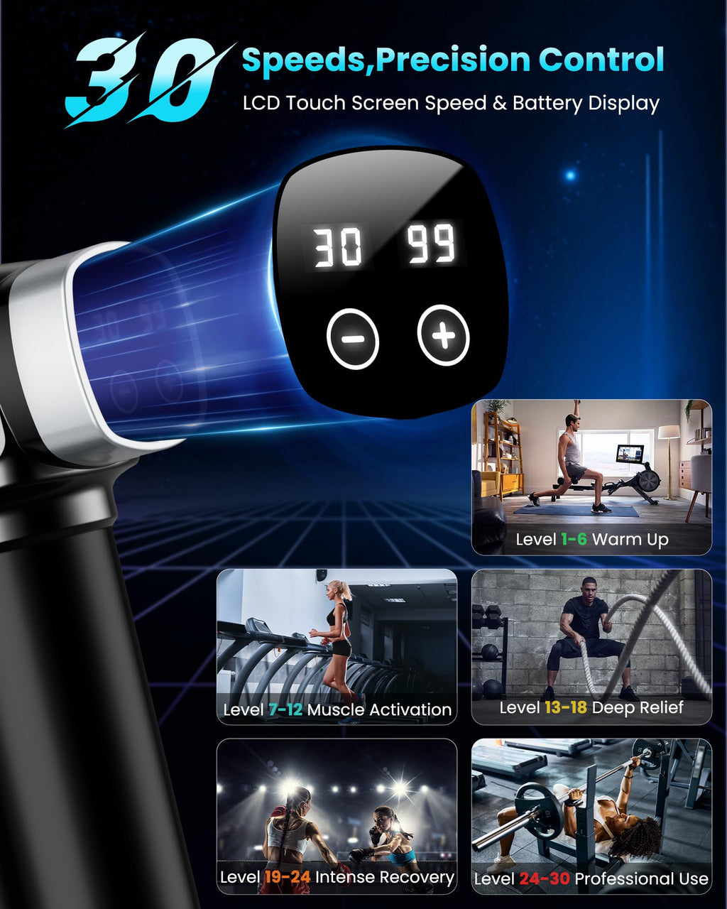 Deep Tissue Massage Gun, Portable Percussion Electric Muscle Massager for Pain Relief, Handheld Massagers with 30 Speeds & 6 Attachments for Back and Neck, Gifts for Men Women