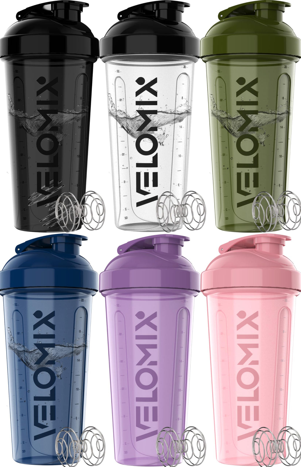 VELOMIX -6 PACK- 28 oz Protein Shaker Bottle for Protein Mixes - 6x Wire Whisk | Leak Proof Shaker Cups for Protein Shakes | Protein Shaker Bottle Pack | Protein Shake Cup (Earth Tones Collection)