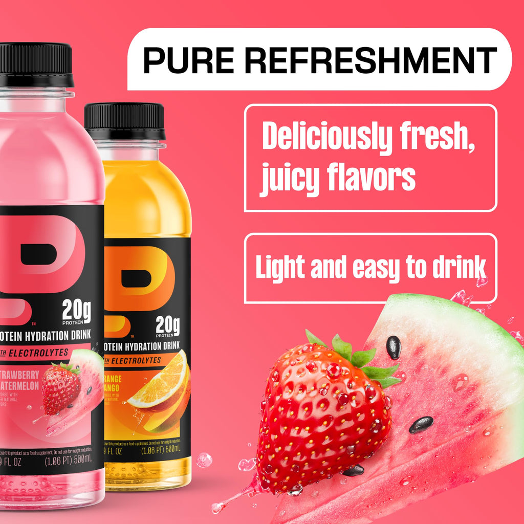 Protein2o Hydration Drink - 2-in-1 Liquid Clear Whey Protein Isolate and Electrolyte Drink - 20g Protein, Vitamins B5, B6 - Post-Workout Recovery - 16.9 Fl Oz - 12 Count Strawberry Watermelon