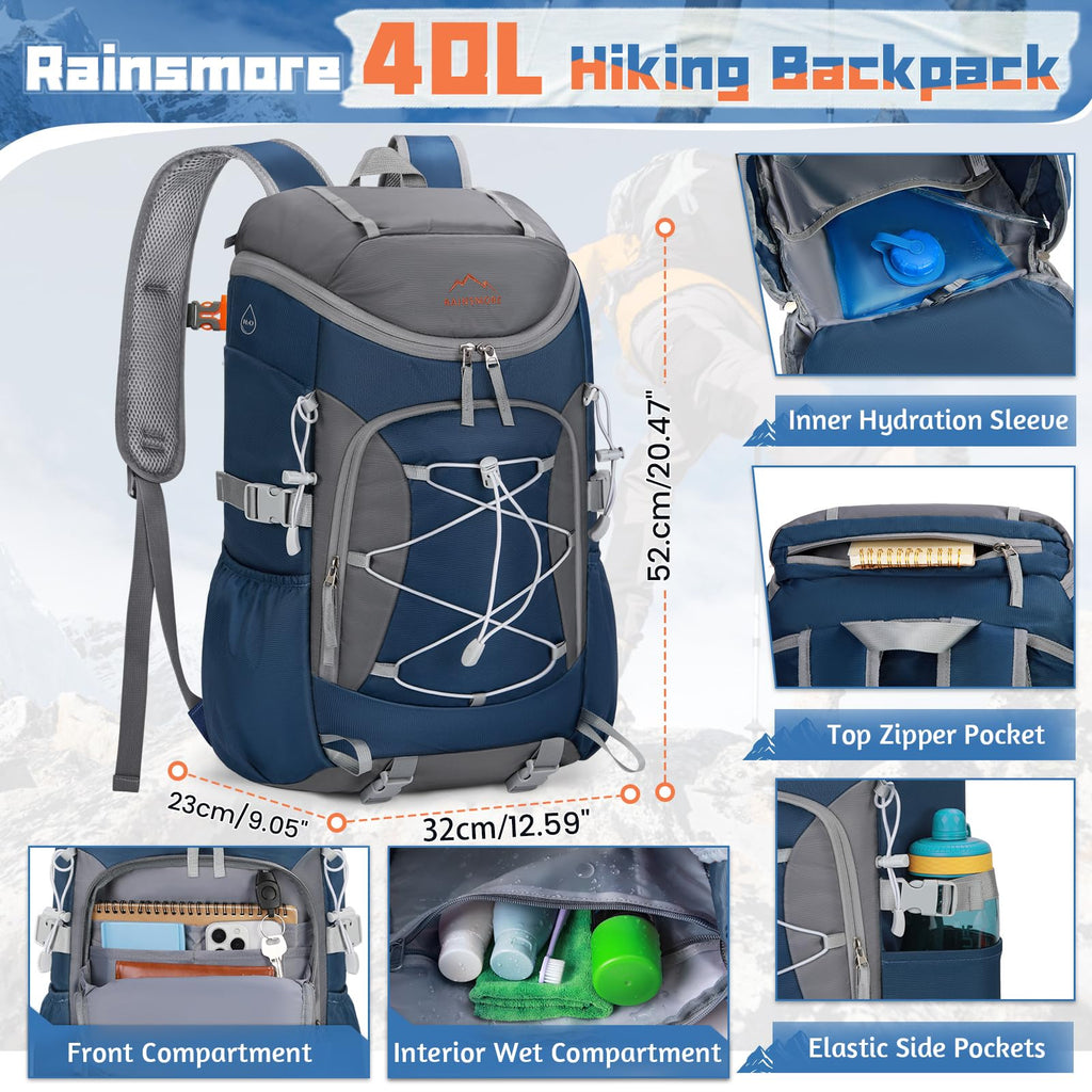 RAINSMORE Foldable Hiking Backpack for Women Men Packable Camping Backpack 40L Waterproof Hiking Daypack Bag Lightweight Collapsible Daypack for Travel Trekking Mountaineering Large Capacity Black