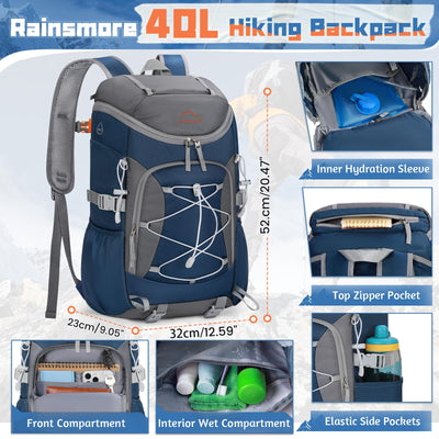 RAINSMORE Foldable Hiking Backpack for Women Men Packable Camping Backpack 40L Waterproof Hiking Daypack Bag Lightweight Collapsible Daypack for Travel Trekking Mountaineering Large Capacity Black