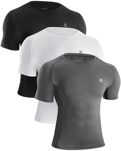 Runhit 3 Pack Men's Compression Shirts Short Sleeve Athletic T Shirt Cool Dry Workout Tops Sports Base Layer Undershirt