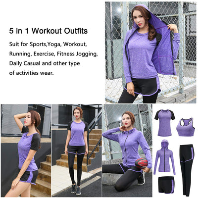 5pcs Workout Outfits for Women Athletic Sets Sport Suits Yoga Gym Fitness Exercise Clothes Jogging Tracksuits