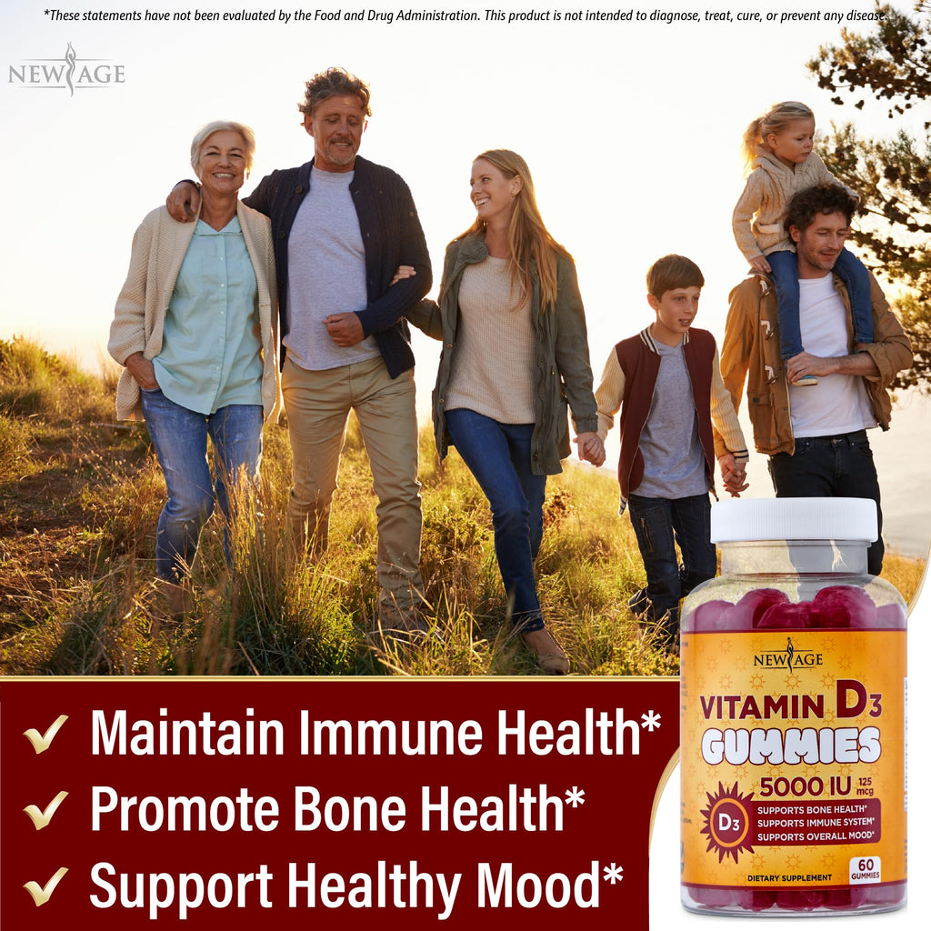 NEW AGE Vitamin D3 5000 IU 125mcg Gummies - Support Immune Support, Strong Bone Health - Non-GMO, Gluten-Free, Dairy-Free, No Gelatin (120 Gummies (Pack of 2))