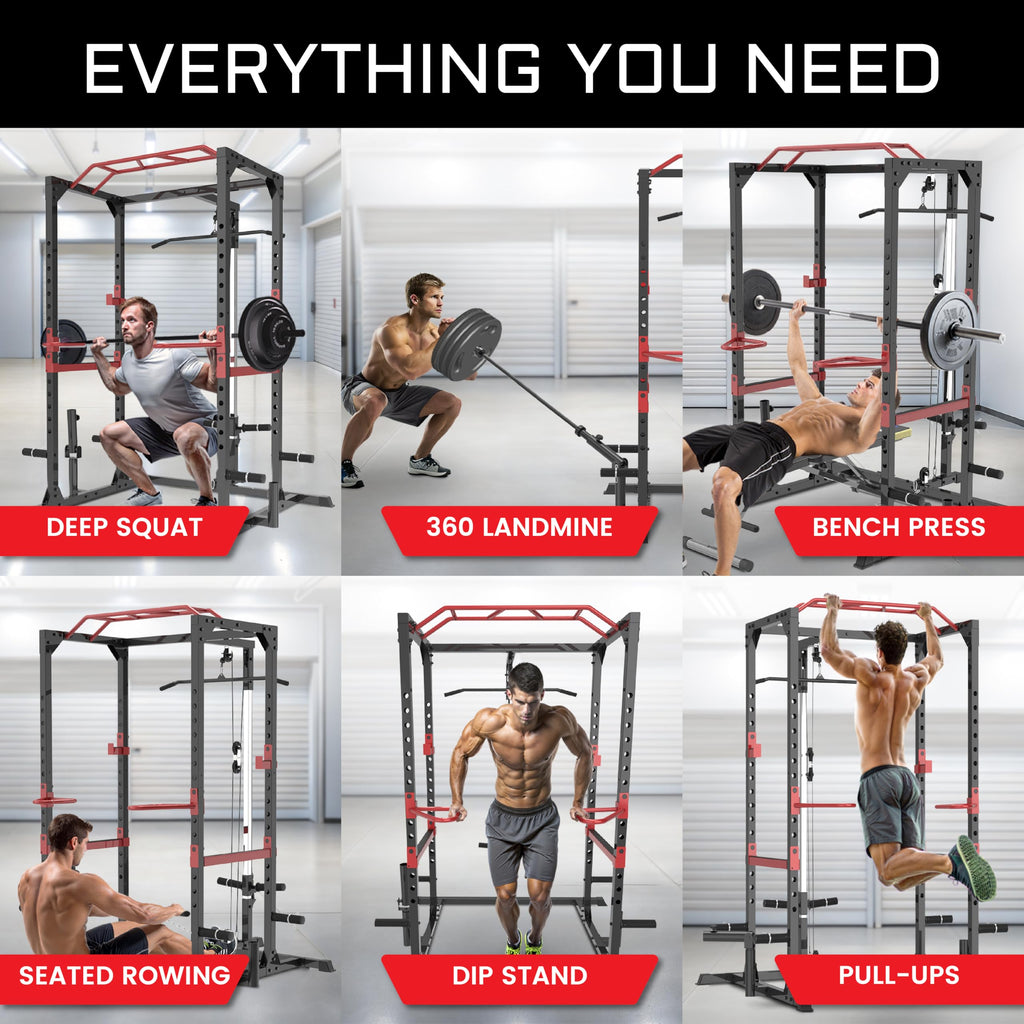 Fitness Reality Power Cage Squat Rack with Optional LAT Pulldown, Cable Crossover, 800 lb Capacity, Multi-Grip Pull-Up Bar, Adjustable Safety Bars, Strength Training for Home Gym