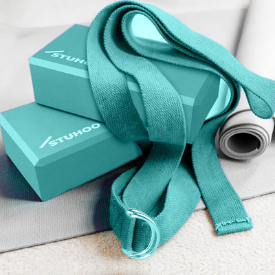 STUHOO Yoga Blocks 2 pack and Yoga Strap Includes Descriptive E-book for Beginners Sturdy Yoga Brick & Lightweight Eva Foam Block Support Deepen Poses, Provides Strength & Stability for Pilates Practice