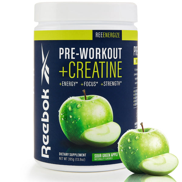 Reebok Pre-Workout Powder | 200mg Natural Caffeine, 3g Creatine Monohydrate | Clean Energy Pre Workout for Strength, Focus & Pump | Informed-Sport Certified | ReeEnergize | Sour Green Apple