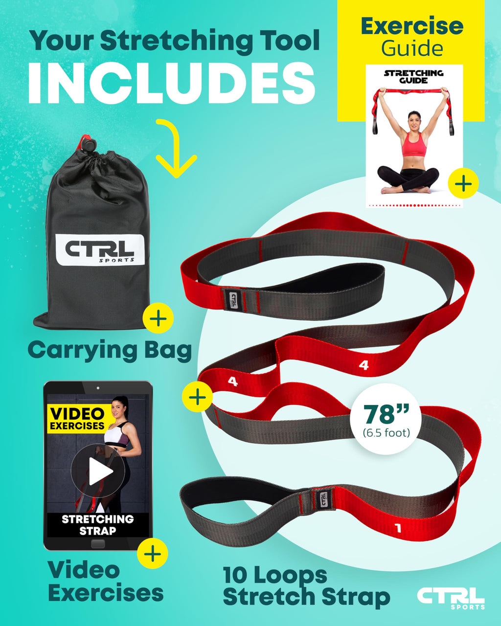 Stretching Strap with Loops - Non Elastic Stretch Band for Physical Therapy, Yoga Strap for Stretching Equipment, Stretch Bands for Exercise and Flexibility - Fascia, Hamstring & Leg Stretcher Belt