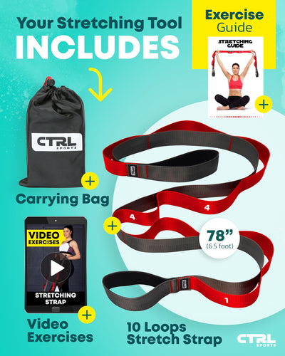 Stretching Strap with Loops - Non Elastic Stretch Band for Physical Therapy, Yoga Strap for Stretching Equipment, Stretch Bands for Exercise and Flexibility - Fascia, Hamstring & Leg Stretcher Belt