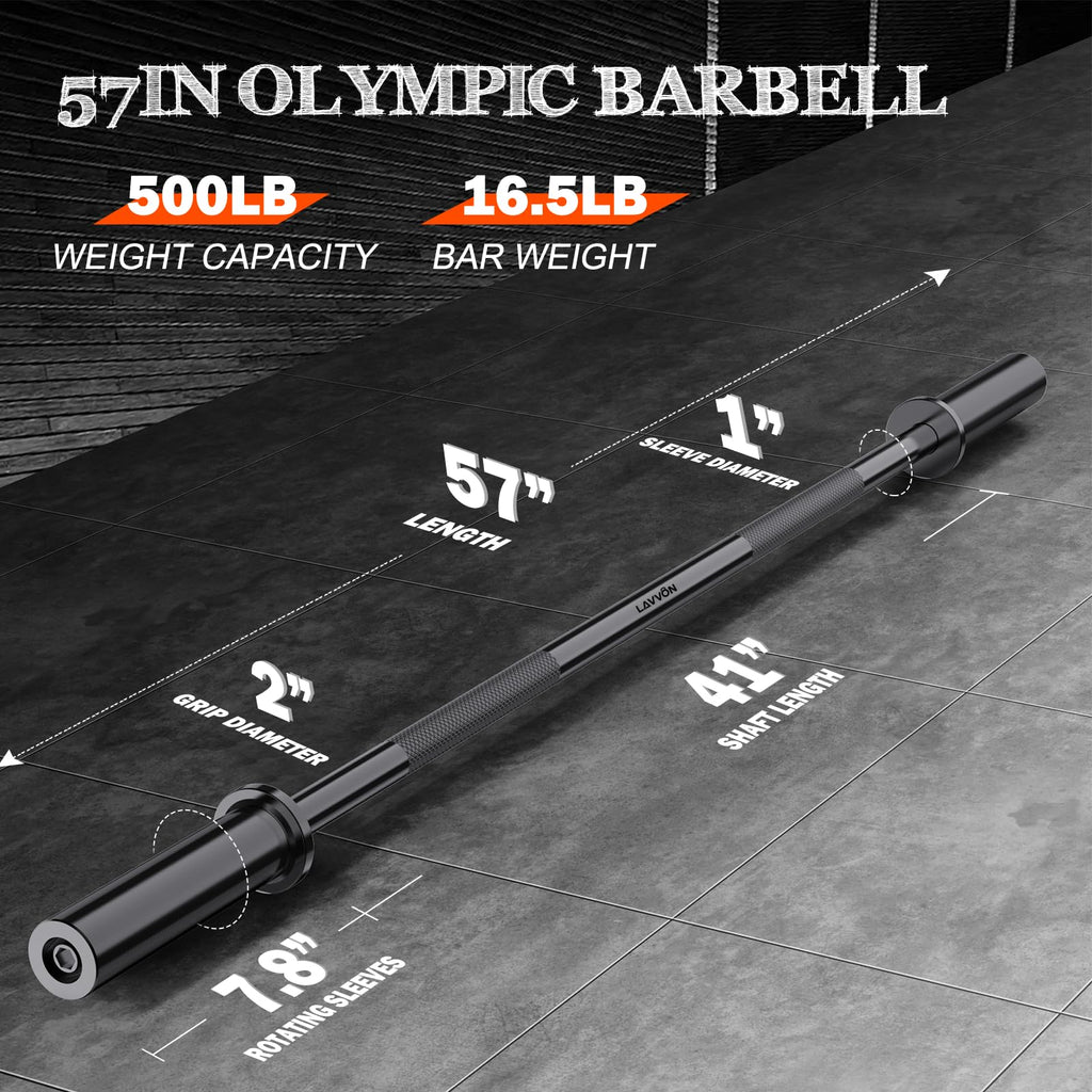 57" Olympic Barbell Bar, 2" Standard Straight Barbell Bars for Weight Lifting Bar for Bench Press/Squats/Hip Thrusts/Lunges/Biceps- Home Gym Weight Bar- 2 Spring Collars(500lb Weight Capacity)