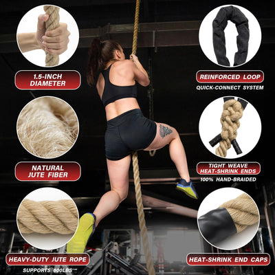 Climbing Rope Gym Workout - 1.5 Inch Diameter 10FT 15FT 20FT 25FT 30FT 35FT Heavy Duty Jute Thick Ropes for Adults Strength Training Outdoor Tree Swing Indoor Home Fitness Exercise