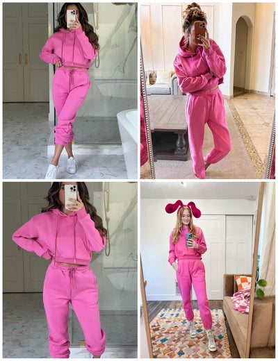 LTSCNRM Women's 2 Piece Airport Outfits Fleece Crop Hoodies Pullover Sweatshirt Sweatsuits Joggers Pants Pockets