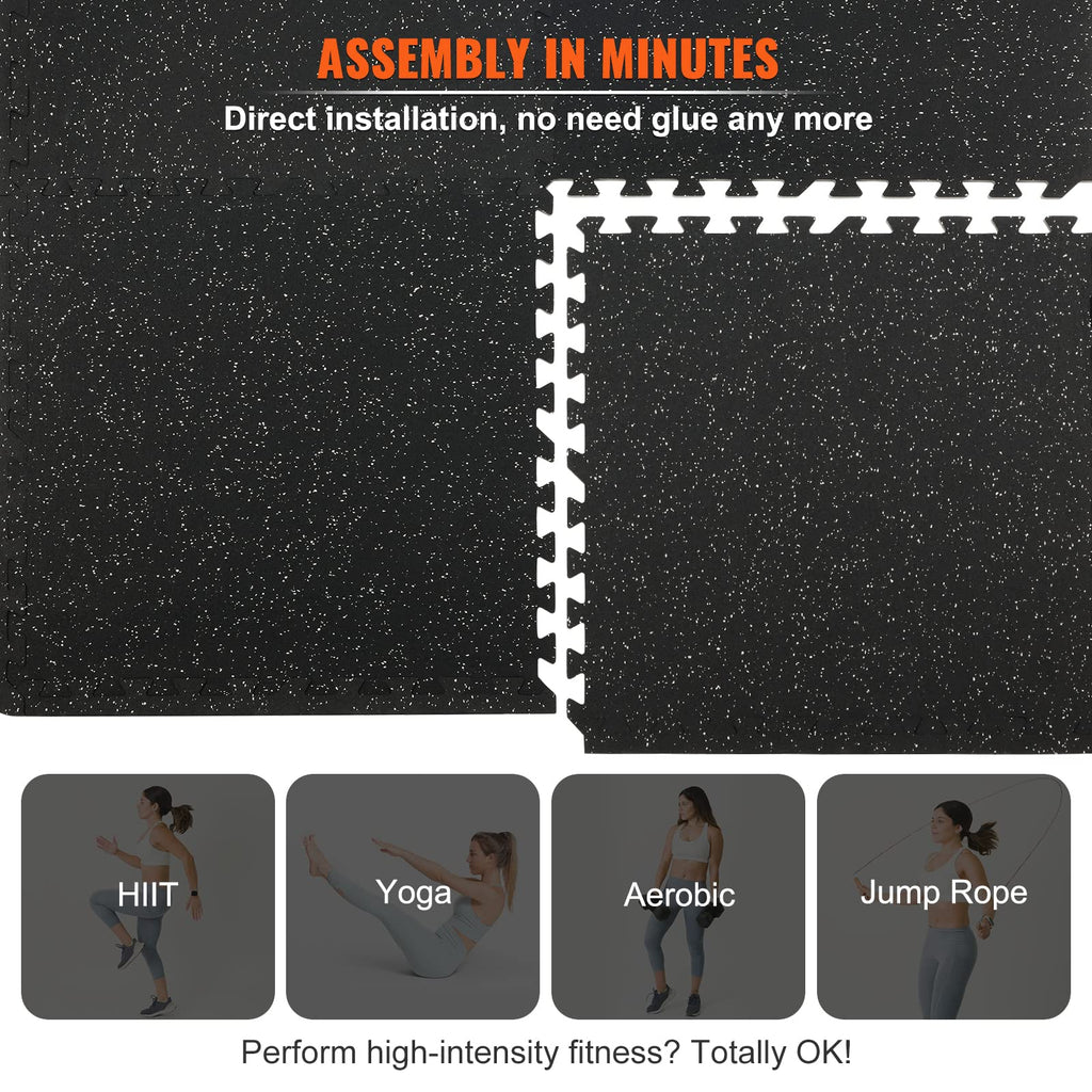 VEVOR 0.56Inch 48sq.ft 12 Tiles Gym Flooring for Home Gym, Rubber Top with High Density EVA Foam, 25 x 25In Gym Floor Exercise Equipment Mats, Interlocking Gym Mats, Puzzle Workout Mats, Black & Gray