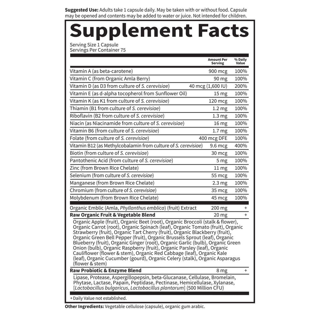 Garden of Life Vitamin Code Raw One for Men, Once Daily Multivitamin, 75 Capsules, One a Day Mens Vitamins Plus Fruit, Veggies & Probiotics for Mens Health, Vegetarian Multivitamins