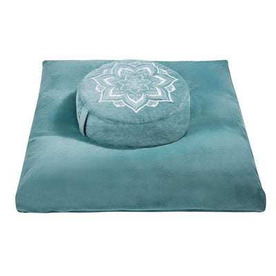 Meditation Zafu Cushion Set with Buckwheat Hulls & Memory Foam - Ergonomic Support for Yoga & Sitting - Removable Machine-Washable Luxury Velvet Cover - for Adults and Kids (Blue)