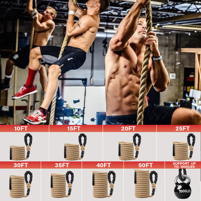 Climbing Rope Gym Workout - 1.5 Inch Diameter 10FT 15FT 20FT 25FT 30FT 35FT Heavy Duty Jute Thick Ropes for Adults Strength Training Outdoor Tree Swing Indoor Home Fitness Exercise