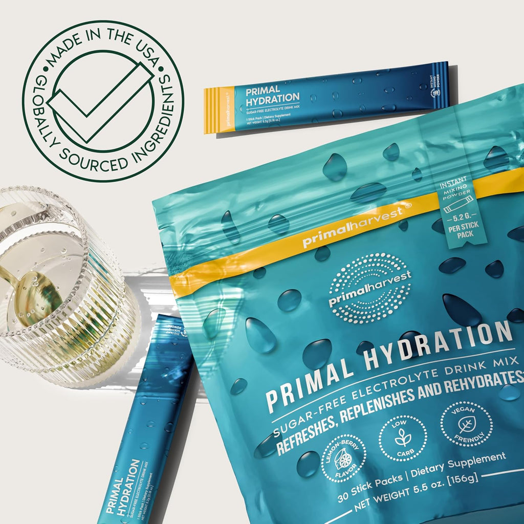 Primal Harvest Electrolytes Powder Packets Primal Hydration, Easy Open Packets, Energy Drink Mix (Lemon Berry, 30 Packs) (1 Bag)