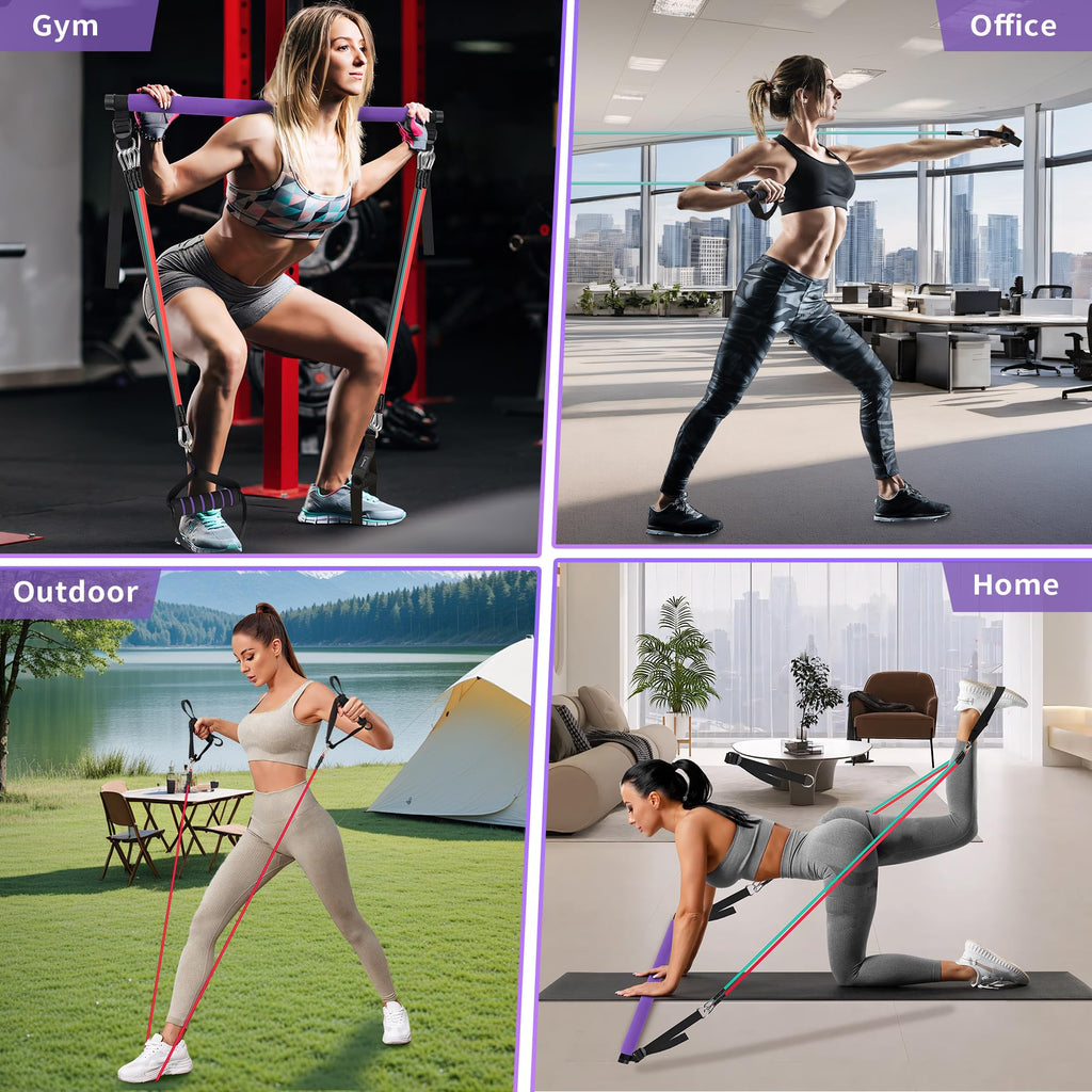 Portable Pilates Bar Kit with Resistance Bands for Men and Women - 3 Set Exercise Resistance Bands - Multifunctional Home Gym - Supports Full-Body Workouts – with Fitness Poster and Video