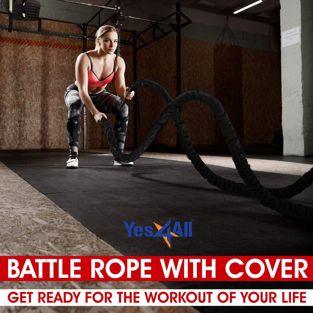 Yes4All Battle Ropes, Workout Rope with Cover, Steel Anchor & Strap Included, Heavy Ropes for Exercise Training - 1.5/2 Inch Diameter, 30, 40, 50 Ft Length