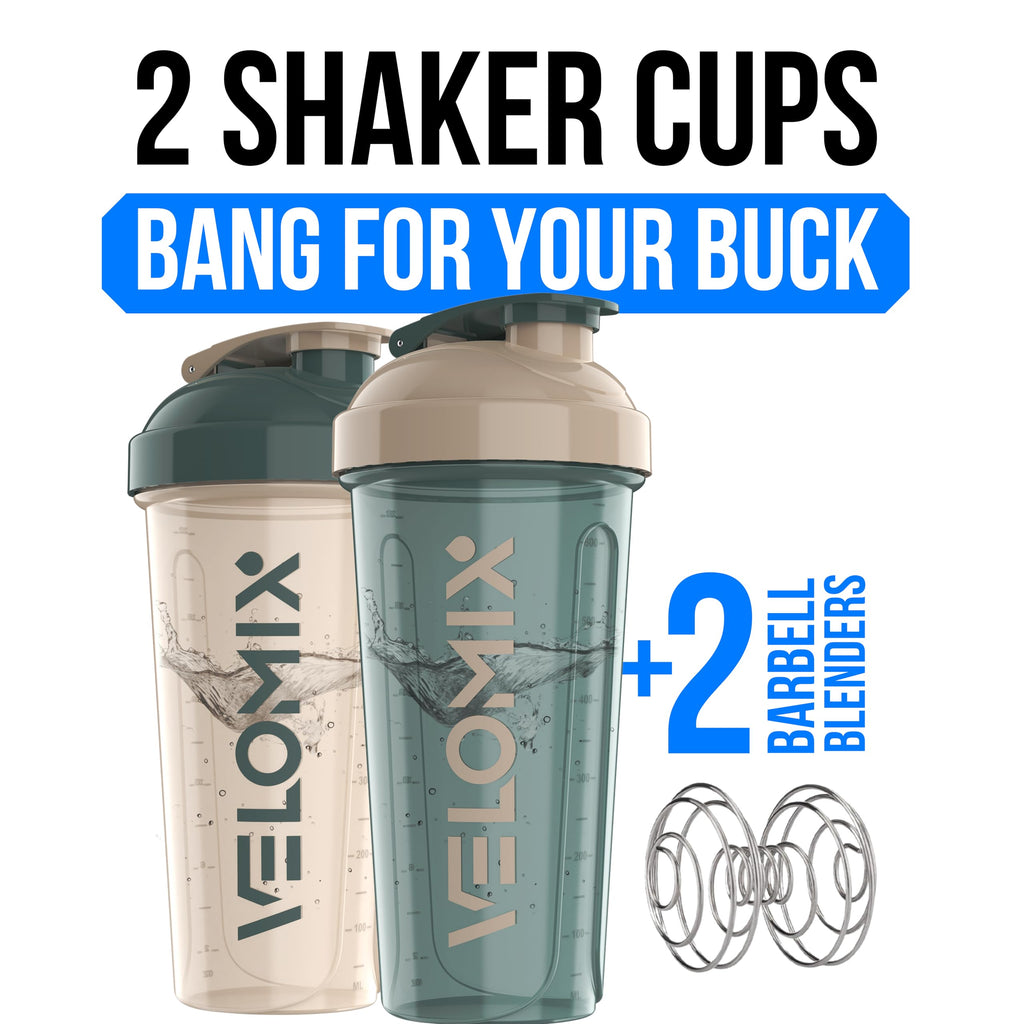 VELOMIX -2 Pack- 28 oz Protein Shaker Bottles for Protein Mixes - 2x Wire Whisk | Leak Proof Shaker Cups for Protein Shakes | Protein Shaker Bottle Pack (Black/Transparent)
