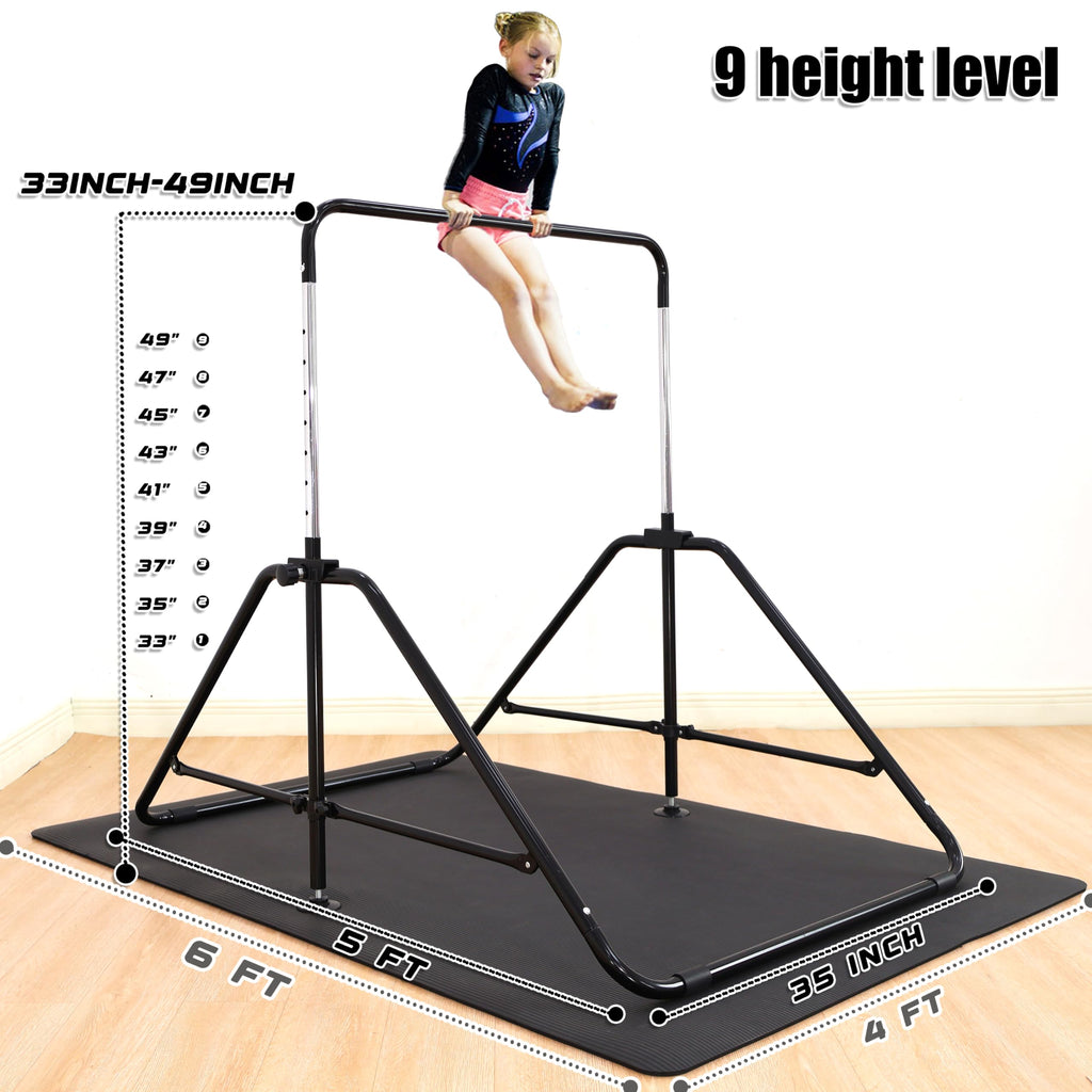 MARFULA Foldable Gymnastic Bar for Kids Ages 3-9, 9 Height Levels, 200 lbs Weight Capacity, 5 Ft Length Gymnastic Kip Bar with Mat, Gymnastic Equipment for Home and Gym Center Indoor Outdoor Use