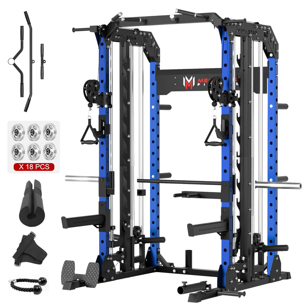 Smith Machine Home Gym with Aluminum Pulley Set- 2000lbs Capacity All-in-One Power Rack with Cable Crossover, Pull-Up Bar & Dip Station, Includes 18 Attachments, P107 Anvil