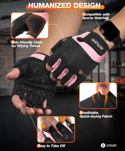SIMARI Breathable Workout Gloves for Men & Women, Weight Lifting Gloves with Padded, Grip, Full Palm Protection, Gift for Gym Exercise, Cycling, Weightlifting Training, Fitness, Black, Pink, Size
