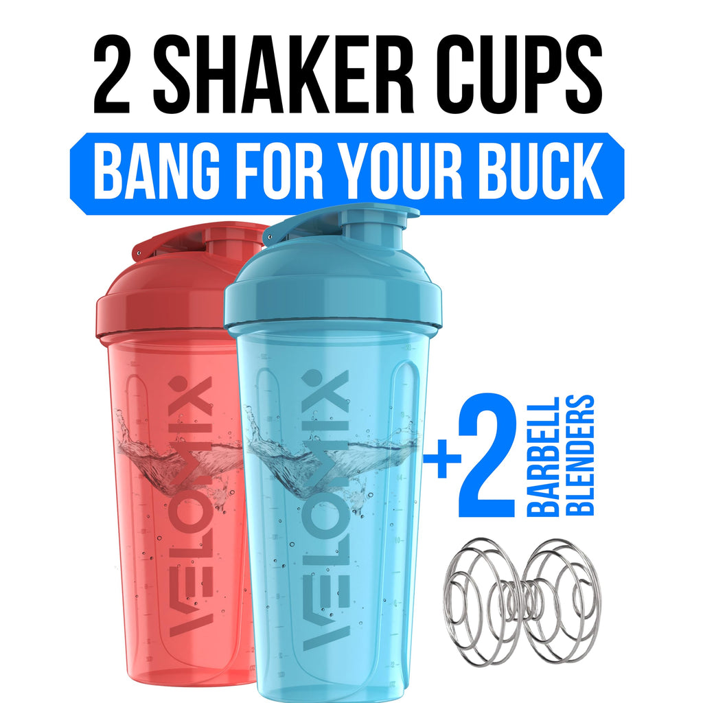 VELOMIX -2 Pack- 28 oz Protein Shaker Bottles for Protein Mixes - 2x Wire Whisk | Leak Proof Shaker Cups for Protein Shakes | Protein Shaker Bottle Pack (Black/Transparent)