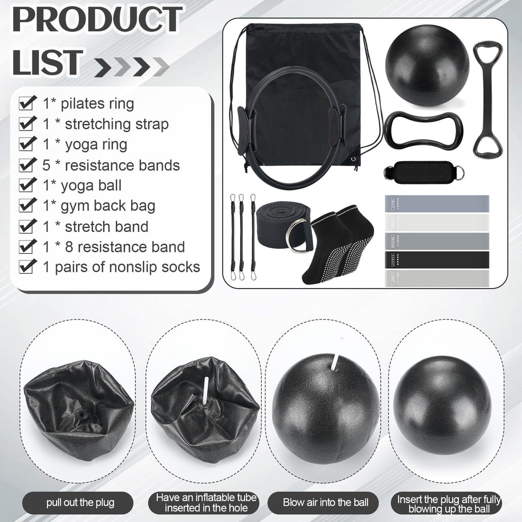 Pilates Ring Circle Set 18 Pcs Exercise Equipment Accessories for Women Workouts Pilates Ball Stretching Strap Magic Circle Yoga Ring Gym Back Bag Resistance Band Anti Slip Socks