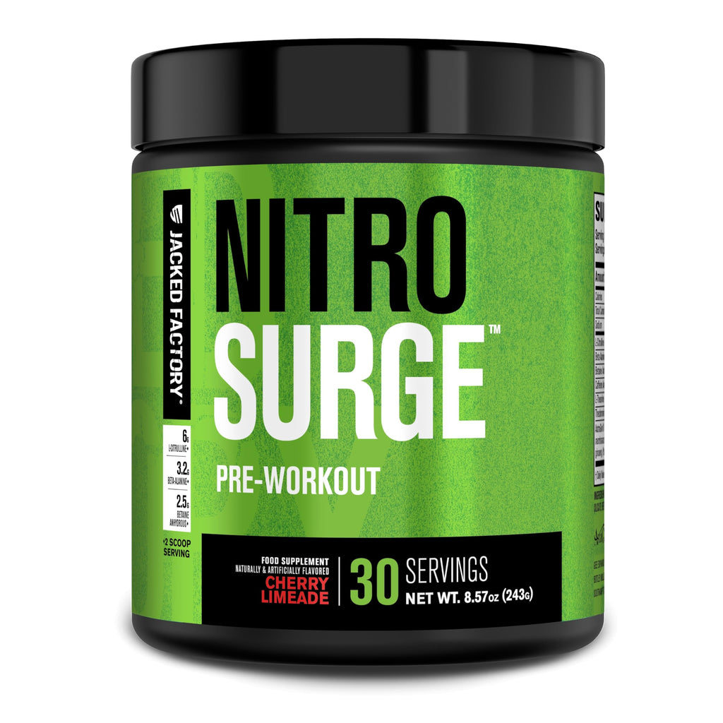 Jacked Factory NITROSURGE Pre Workout Supplement - Endless Energy, Instant Strength Gains, Clear Focus, Intense Pumps - NO Booster & Preworkout Powder with Beta Alanine - 30 Servings, Cherry Limeade