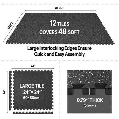 AIRHOP 0.79in Thick 24 Sq Ft Exercise Equipment Mats, 6 Tiles Upgraded Rubber Top with High Density EVA Foam, Large Interlocking Puzzle Gym Flooring for Home Gym, Heavy Weight Workout,Black & White