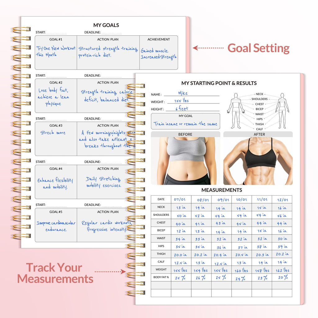 Fitness Journal Workout Planner for Women & Men, A5 (6.4" x 8.3") Workout Journal Log Book Planner Gift for Track Gym Essentials, Home Workouts, Track Progress, Achieve Wellness Goals, Pink
