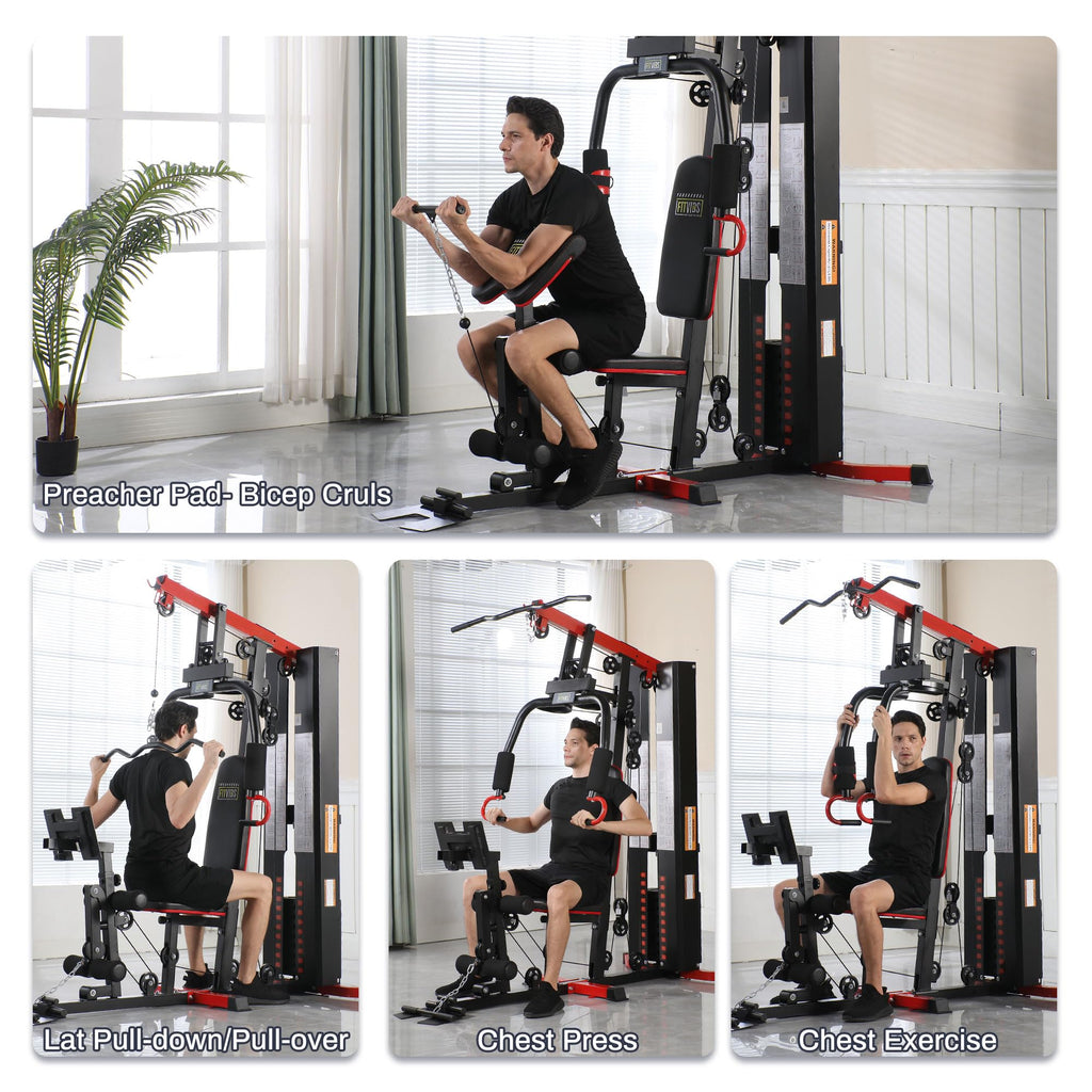 Fitvids Home Gym Equipment, Multifunctional Full Body Workout Weight Machine Station with Weight Stack, All in One Exercise Equipment with Pulley System & Seated Rowing for Home Gym Strength Training