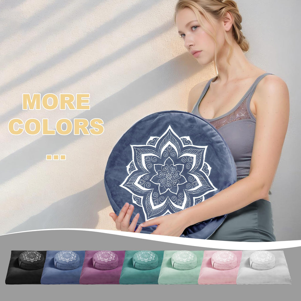 Meditation Zafu Cushion Set with Buckwheat Hulls & Memory Foam - Ergonomic Support for Yoga & Sitting - Removable Machine-Washable Luxury Velvet Cover - for Adults and Kids (Blue)
