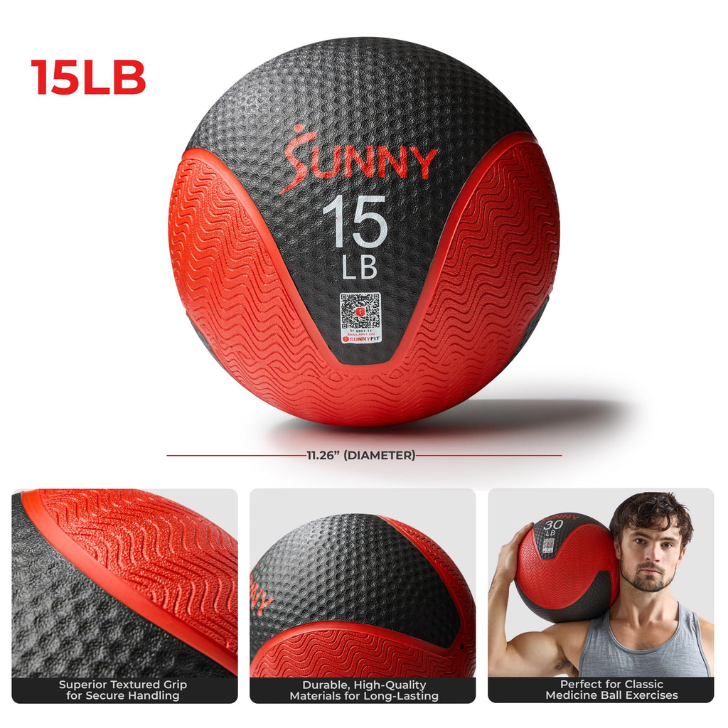 Sunny Health & Fitness Medicine Ball, Textured Rubber, Core Strength & Balance Training, Bouncing, Weight for Home Workouts 4,6,8,10,12,15,20,25,30LB Options