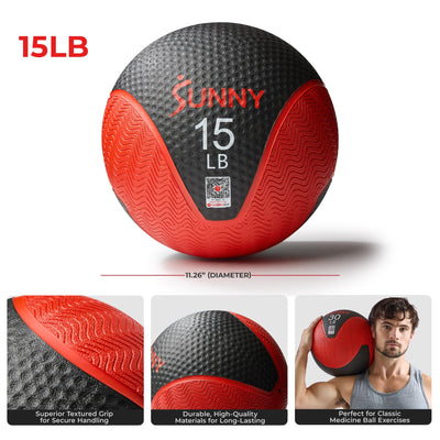 Sunny Health & Fitness Medicine Ball, Textured Rubber, Core Strength & Balance Training, Bouncing, Weight for Home Workouts 4,6,8,10,12,15,20,25,30LB Options