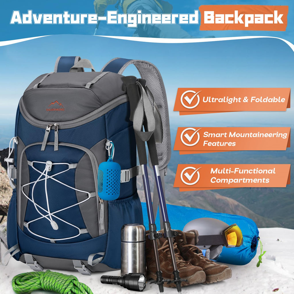 RAINSMORE Foldable Hiking Backpack for Women Men Packable Camping Backpack 40L Waterproof Hiking Daypack Bag Lightweight Collapsible Daypack for Travel Trekking Mountaineering Large Capacity Black