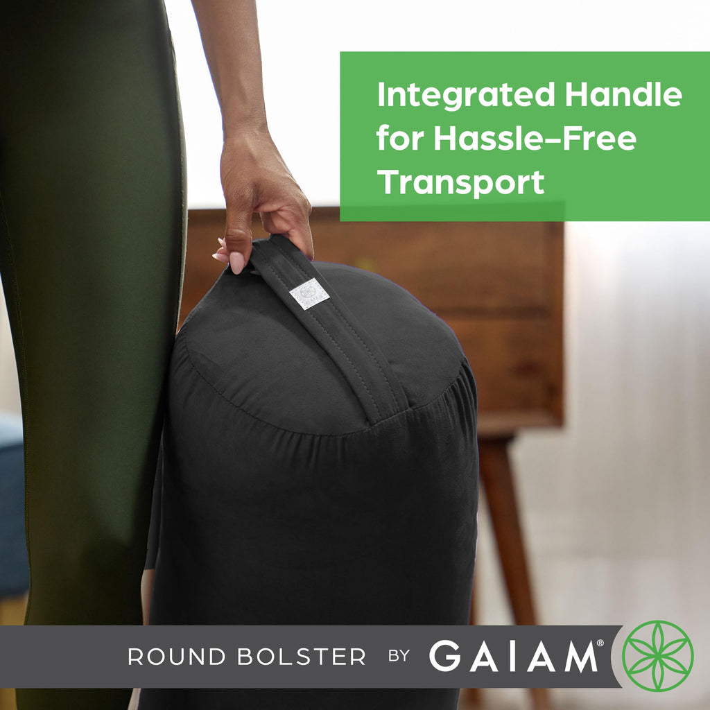 Gaiam Round Yoga Bolster Pillow, Soft Meditation Cushion for Yoga, Massage and Back Support, Breathable Cotton Fill, Zippered Microfiber Cover, Easy-Carry Handle, Machine Washable