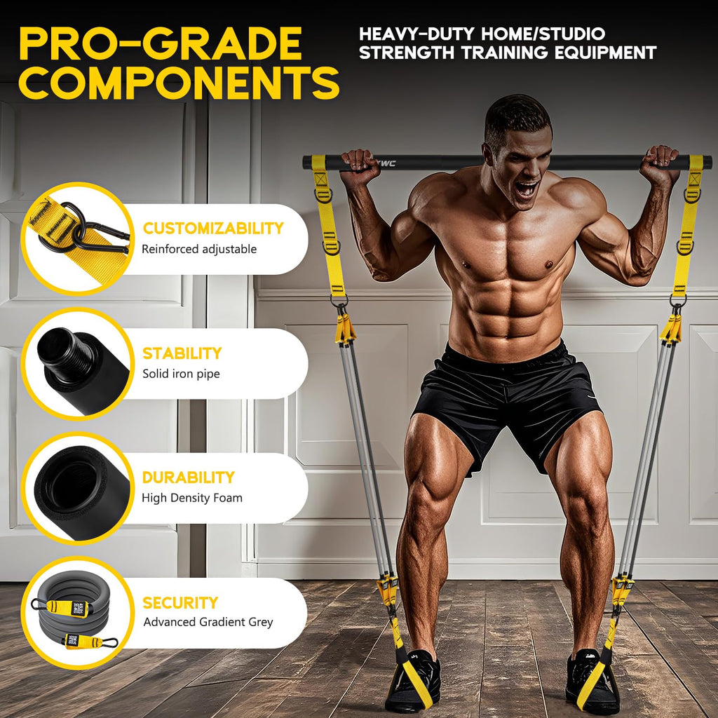 Pilates Equipment, Portable Pilates Bar Kit with Resistance Bands, Professional Adjustable Heavy Duty Squat Workout Equipment for Men, Home Gym Muscle Strength Training, Full Body Exercise
