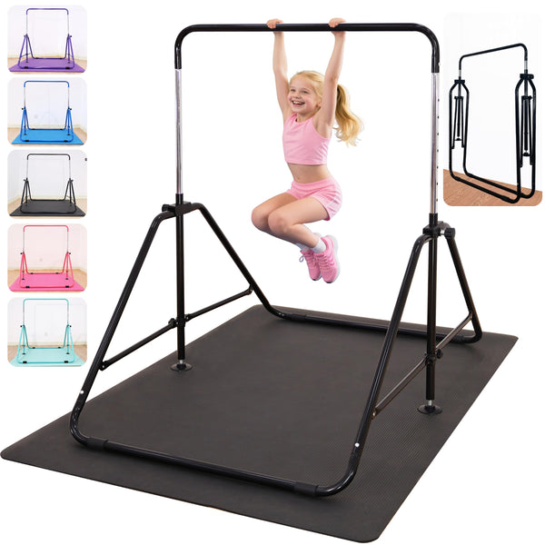 MARFULA Foldable Gymnastic Bar for Kids Ages 3-9, 9 Height Levels, 200 lbs Weight Capacity, 5 Ft Length Gymnastic Kip Bar with Mat, Gymnastic Equipment for Home and Gym Center Indoor Outdoor Use